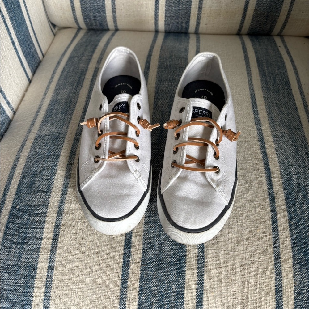 Sperry White Canvas Sneakers with Tan Laces
